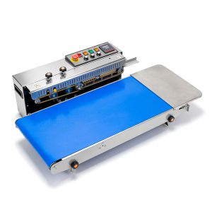 Máy hàn miệng túi liên tục tích hợp in date con lăn mực, băng tải 40 cm FR-1000W inox